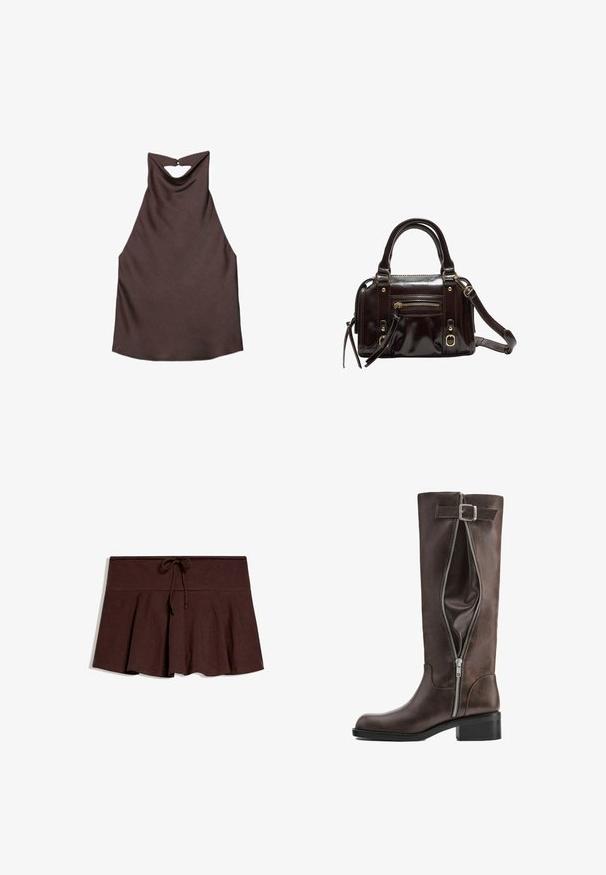 Haut sans manches en satin brun foncé avec col bénitier drapé et petit détail œillet au dos, à plat sur fond blanc.; Jupe plissée marron foncé avec large ceinture et cordon de serrage au centre devant, posée à plat sur fond blanc.; Botte haute en cuir marron foncé avec une fermeture éclair latérale partiellement ouverte et une sangle décorative à boucle près du haut.; Sac à main en cuir verni marron avec double poignées, bandoulière amovible, poche zippée à l'avant et accents en métal doré.