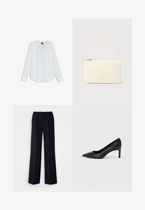 Blouse blanche à manches longues avec col plissé, boutons avant cachés et poignets, posée à plat sur un fond blanc.; Pantalon large marine avec plis, réalisé en tissu lisse. Doté d'une ceinture ajustée et d'une silhouette épurée.; Escarpin à bout pointu en cuir noir avec un talon fin de hauteur moyenne sur un fond gris clair uni.; Sac à main rectangulaire de couleur crème avec une seule sangle et une fermeture éclair sur le dessus, comportant une petite plaque de logo embossé à l'avant.