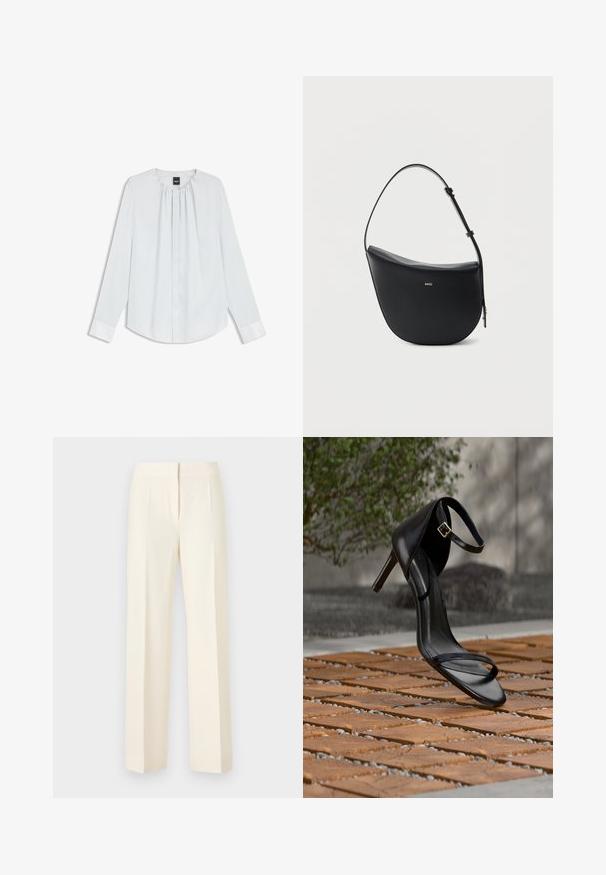 Blouse blanche à manches longues avec col plissé, boutons avant cachés et poignets, posée à plat sur un fond blanc.; Pantalon droit sur mesure couleur blanc cassé avec pli avant, ceinture et fermeture avant dissimulée sur un fond uni.; Sandale noire à talon haut avec sangle à la cheville, suspendue au-dessus d'un sol en carreaux de bois à l'extérieur, avec un arrière-plan flou de verdure et de pierre.; Sac à bandoulière en cuir noir en forme de demi-lune avec une bandoulière réglable et le logo doré « BOSS » centré sur le devant.