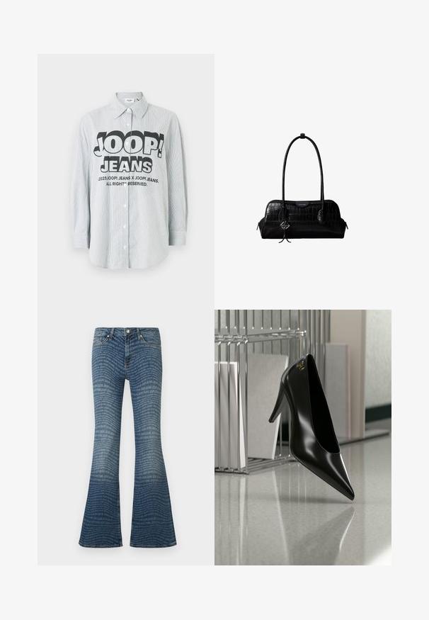 Gestreept overhemd met knopen van lichtblauwe en witte stof. Heeft een gedurfd zwart logo "JOOP! JEANS" aan de voorkant, met lange mouwen.; Blauwe uitlopende spijkerbroek met een overal herhaald "JOOP! JEANS" logopatroon en klassieke vijfzakkenstijl.; Zwart hooggehakt schoen met puntige neus en gouden logo, geplaatst op een reflecterend oppervlak naast een verchroomde draadordner met documenten.; Zwarte schoudertas van leer met krokodillenstructuur, lange banden en een klein zilveren logohanger aan één band.