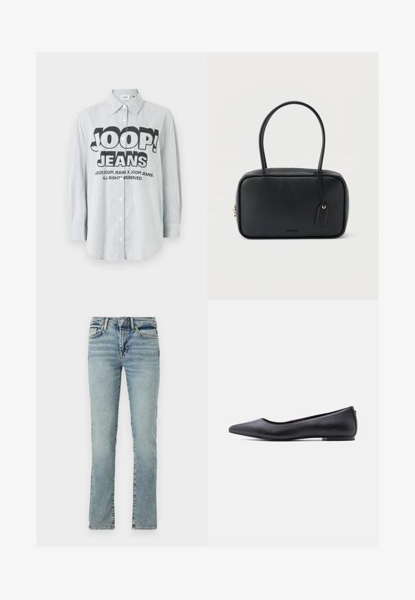 Camisa de botones a rayas en tejido azul claro y blanco. Presenta un logo negro llamativo "JOOP! JEANS" en el frente, con mangas largas.; Jeans de mezclilla azul claro con un diseño de pierna recta, estilo de cinco bolsillos y un ligero desgaste. Presentan un cierre con botón de metal y cremallera.; Zapato plano de cuero negro con punta puntiaguda y tacón bajo, mostrado de perfil contra un fondo blanco.; Bolso rectangular negro con asas dobles redondeadas, cremallera dorada y logo "HUGO" en relieve en el frente con etiqueta de cuero adjunta.