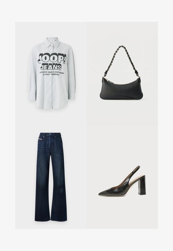 Gestreept overhemd met knopen van lichtblauwe en witte stof. Heeft een gedurfd zwart logo "JOOP! JEANS" aan de voorkant, met lange mouwen.; Donkerblauwe jeans met wijde pijpen gemaakt van denim. Voorzien van een knoopsluiting, vijfzakkenontwerp en subtiele vervaging aan de voorkant.; Zwarte leren slingback schoen met spits toelopend neusje, hoge blokhak en beige binnenvoering tegen een effen lichte achtergrond.; Zwarte lederen schoudertas met een gebogen rechthoekige vorm, gouden ketting verweven in een gevlochten zwarte band, en een ritssluiting bovenop.