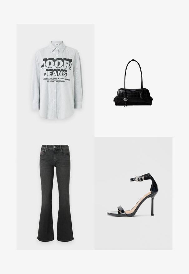 Raidallinen vaaleansininen ja valkoinen nappipaita. Etupuolella on rohkea musta "JOOP! JEANS" -logo, ja paidassa on pitkät hihat.; Musta farkkukankaiset leveälahkeiset farkut, joissa on keskipitkä vyötärö, viiden taskun malli ja ompeludetaljit taskuissa. Sileä pinta, jossa hentoinen kiilto.; Musta kiiltävä nahkainen korkokengän sandaali, jossa nilkkahihna. Siinä on minimalistinen muotoilu, avoin varvas ja strassikoristeltu solki.; Musta krokotiilipintainen nahkainen olkalaukku pitkillä remmeillä ja pienellä hopeisella logokoristeella yhdellä remmistä.