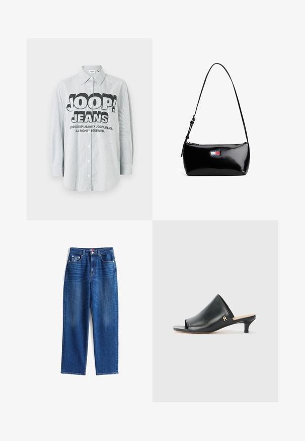 Camisa de botones a rayas en tejido azul claro y blanco. Presenta un logo negro llamativo "JOOP! JEANS" en el frente, con mangas largas.; Vaqueros azul con pierna recta, bolsillos delanteros, cierre de botones y sutil desgaste en los muslos, colocados planos sobre un fondo blanco.; Mules de cuero negro de punta abierta con un tacón bajo. Presentan una superficie lisa y un acento del logo dorado en el costado.; Bolso de hombro de charol negro con una correa curva, cierre de cremallera y un parche de logo rectangular en rojo, blanco y azul.