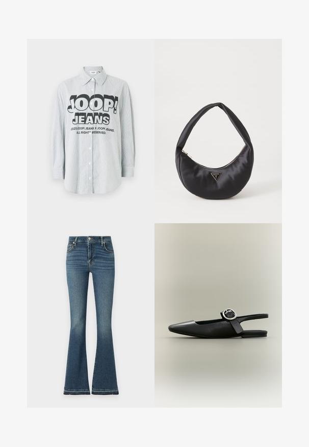 Camisa de botones a rayas en tejido azul claro y blanco. Presenta un logo negro llamativo "JOOP! JEANS" en el frente, con mangas largas.; Vaqueros de campana en denim azul medio con cintura alta, ligero desgaste, diseño de cinco bolsillos y detalles de costura visibles.; Zapato plano tipo slingback negro con punta afilada, hebilla plateada y tacón bajo sobre un fondo neutro.; Bolso de satén negro con forma curva, que cuenta con un cierre de cremallera y un logo triangular en metal en la parte delantera. Textura suave y diseño elegante.