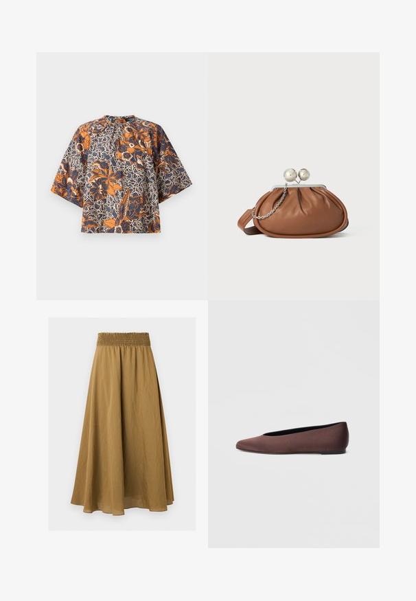 Blouse à manches courtes avec col montant, présentant un motif floral orange et bleu marine sur un fond abstrait blanc et noir.; Jupe midi marron trapèze avec taille élastique froncée et tissu léger texturé sur fond uni.; Ballerines en tissu marron avec un bout pointu et une texture lisse, dotées d'un talon bas et d'une fine semelle noire. Aucune motif ni élément métallique visible.; Pochette en cuir marron avec un fermoir à boule en argent et un petit détail en chaîne argentée sur fond blanc.
