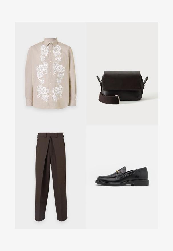 Lys beige skjorte med knapper og hvid blomsterbroderi ned af fronten. Har en klassisk krave og lange ærmer med knapmanchetter.; BLUEMARBLE WORK PANT - Bukser - brown; Sorte læder loafers med en rund tå, der har guld hardware accent og syningsdetaljer, placeret på en lav, tekstureret gummisål.; Mørkebrun lædertaske med flaplukning og justerbar stofrem på hvid baggrund.