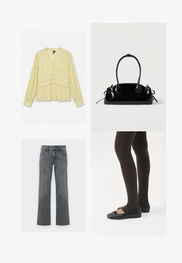 Blouse jaune clair à manches longues avec plis verticaux, encolure en V, boutons recouverts de tissu à l'avant et détails à volants à la taille et aux poignets.; Jeans en denim gris à jambe droite avec bouton frontal, fermeture éclair et cinq poches, présentés sur un fond blanc.; Jambes portant des leggings côtelés foncés associés à des ballerines noires avec de petits détails en nœud sur fond blanc.; Petit sac à main noir brillant avec deux longues anses et des détails à cordon sur les côtés sur un fond clair uni.
