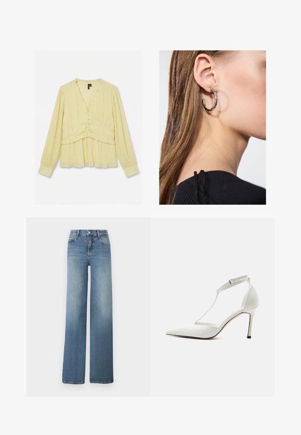 Blouse jaune clair à manches longues avec plis verticaux, encolure en V, boutons recouverts de tissu à l'avant et détails à volants à la taille et aux poignets.; Jeans en denim bleu clair à jambes larges avec poches avant, fermeture par bouton, et texture délavée de la taille à l'ourlet.; Escarpin blanc à bout pointu avec fine bride de cheville et boucle, finition lisse et talon stiletto fin sur un fond uni.; Boucle d'oreille en argent avec une finition polie, présentant de petits détails en or et de forme ronde, portée sur le lobe.