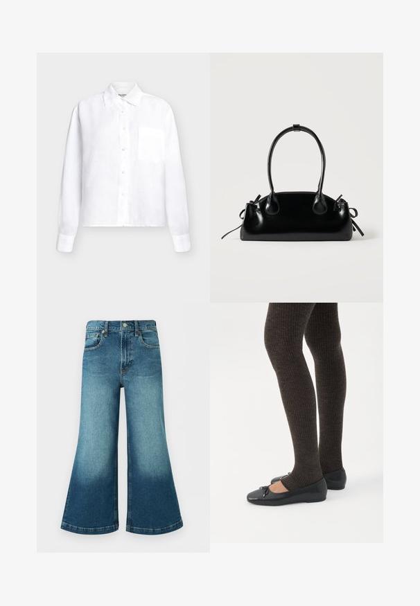 Chemise blanche à manches longues avec boutons, col et poche poitrine, design uni sur fond clair.; Jean en denim bleu à jambes larges avec taille haute, boutons à l'avant, passants pour ceinture et détails délavés sur les cuisses et le bas des jambes.; Jambes portant des leggings côtelés foncés associés à des ballerines noires avec de petits détails en nœud sur fond blanc.; Petit sac à main noir brillant avec deux longues anses et des détails à cordon sur les côtés sur un fond clair uni.