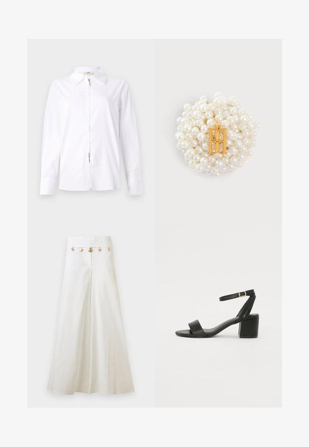 Camisa blanca de manga larga con cuello tipo polo y cremallera frontal. Confeccionada en un tejido suave con forma ajustada y detalles de puños abotonados.; Pantalones blancos de pierna ancha con cintura alta y charms dorados de temática marina adheridos a la pretina, incluyendo estrellas de mar y conchas.; Sandalia de tacón negro con parte superior de cuero suave, punta abierta, tiras frontales anchas y correa ajustable en el tobillo con detalle de hebilla dorada.; Racimo de pequeñas perlas blancas que forman una forma redonda con un colgante rectangular de oro que presenta una letra decorativa H en el centro.