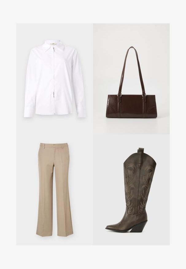 Weißes Langarmhemd mit Kragen und Reißverschluss vorne. Aus glattem Stoff gefertigt, mit taillierter Form und geknöpften Manschettendetails.; Beige Damenhose mit Gürtelschlaufen, vorderer Bügelfalte und geradem, weitem Bein auf schlichtem weißem Hintergrund.; Braune Leder-Cowboystiefel mit einer spitzen Zehe, Wedge-Absatz und dekorativer Stickerei. Besitzt einen hohen Schaft und eine Zuglasche.; Braune Lackleder-Handtasche in rechteckiger Form, mit zwei langen Griffen und subtilen, geschwungenen Akzenten auf der Vorderseite.