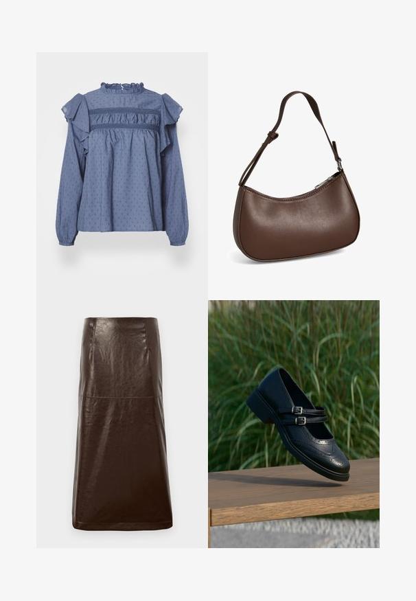 Blauwe katoenen blouse met een rimpelnek en schouders, voorzien van een gestructureerd stippenpatroon en geplooide details langs de schouderpas en mouwen.; Bruine leren rok met een gladde textuur, rechte silhouet en subtiele glans. Heeft een knie-lange snit en minimale stikdetails.; Zwarte leren Mary Jane-schoen met dubbele gespsluitingen en brogue-details, zwevend boven een houten bankje met groene grasachtergrond.; Kleine bruine leren schoudertas met verstelbare band en ritssluiting, getoond tegen een witte achtergrond. Geen zichtbaar merk of versieringen.