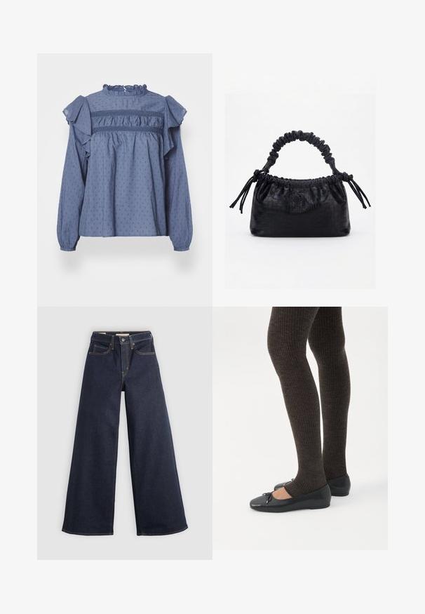 Blauwe katoenen blouse met een rimpelnek en schouders, voorzien van een gestructureerd stippenpatroon en geplooide details langs de schouderpas en mouwen.; Wijde denim jeans in donkerblauw met contrasterende stiksels. Bevat een traditionele vijf-pocketontwerp en een knoopsluiting in de taille.; Benen met donkere geribbelde leggings gecombineerd met zwarte ballerina's met kleine strikdetails op een witte achtergrond.; Zwarte handtas met krokodillenstructuur, geplooide bovenrand, samengevoerde handgreep en koordtassels aan elke kant tegen een witte achtergrond.