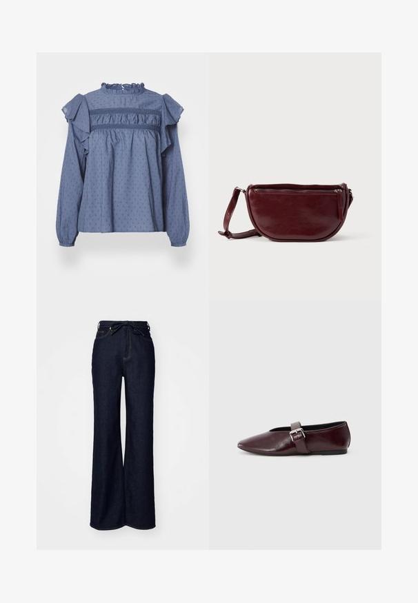 Blusa de algodón azul con un escote y hombros con volantes, que presenta un patrón de puntos texturizados y detalles fruncidos a lo largo del volante y las mangas.; Vaqueros de tiro alto de denim de color azul oscuro y pernera ancha, con bolsillos delanteros y cierre de lazo en la cintura.; Bailarinas de cuero burdeos con punta afilada, suela plana y una correa decorativa con hebilla a lo largo del empeine. Textura suave y brillante.; Bolso de mano de cuero granate con forma de media luna, cierre de cremallera y una correa desmontable. Textura suave con un brillo sutil.