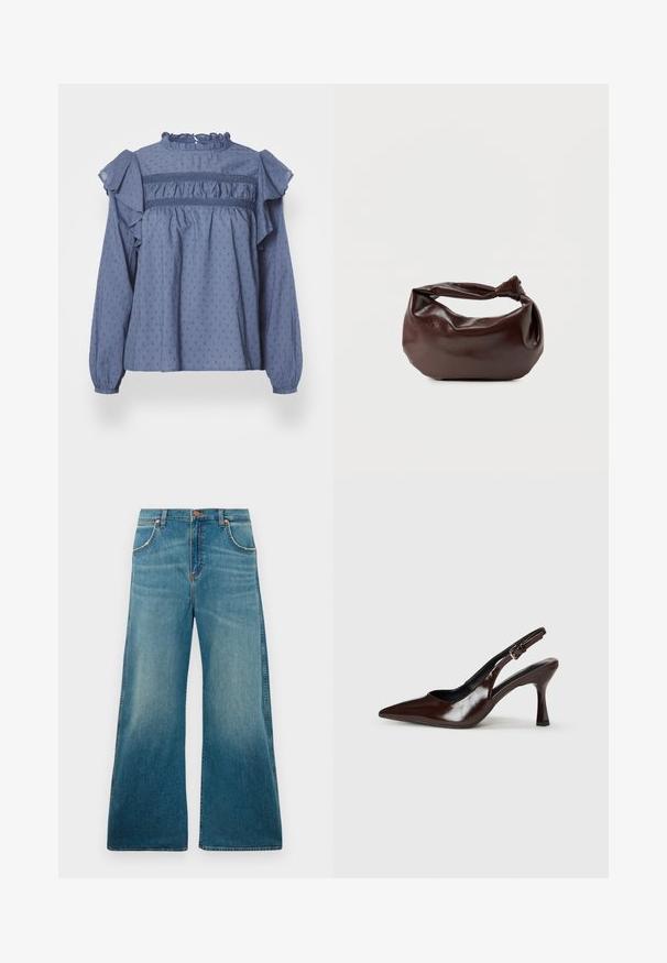 Blusa de algodón azul con un escote y hombros con volantes, que presenta un patrón de puntos texturizados y detalles fruncidos a lo largo del volante y las mangas.; Jeans de mezclilla azul de tiro alto con perneras anchas, bolsillos frontales, cierre de botón y un degradado de color desgastado que va desde la cintura hasta el dobladillo.; Zapatos de tacón slingback de charol marrón con punta afilada, tacón delgado y correa ajustable con una pequeña hebilla.; Bolso de hombro de cuero marrón oscuro con una forma suave y caída, y un asa con nudo torcido sobre un fondo blanco liso.