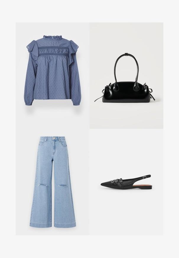 Blauwe katoenen blouse met een rimpelnek en schouders, voorzien van een gestructureerd stippenpatroon en geplooide details langs de schouderpas en mouwen.; Lichtblauwe wijde jeans met een hoge taille, voorzien van twee voorkruiszakken en twee gescheurde knieën, gemaakt van denim.; Zwarte leren slingback ballerina met spitse neus, voorzien van twee horizontale bandjes en vierkante zilveren gespen, lage hak en een gladde textuur.; Kleine zwarte glanzende handtas met twee lange hengsels en zijkant trekkoord details op een effen lichte achtergrond.