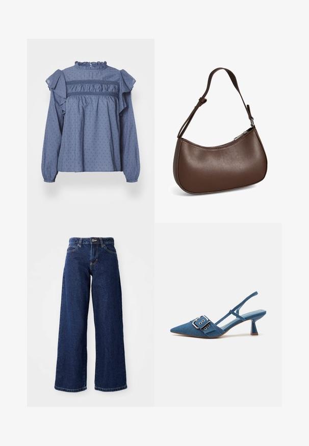 Blusa de algodón azul con un escote y hombros con volantes, que presenta un patrón de puntos texturizados y detalles fruncidos a lo largo del volante y las mangas.; Jeans de pierna ancha azul oscuro, confeccionados en denim, con cierre de botón y cremallera, trabillas para cinturón y diseño clásico de cinco bolsillos.; Zapatos de tacón tipo slingback de denim con punta afilada, correa con hebilla ajustable y tacón brillante azul. Textura suave con una plantilla azul clara.; Pequeño bolso bandolera de cuero marrón con correa ajustable y cierre de cremallera, mostrado sobre un fondo blanco. Sin logotipos ni adornos visibles.
