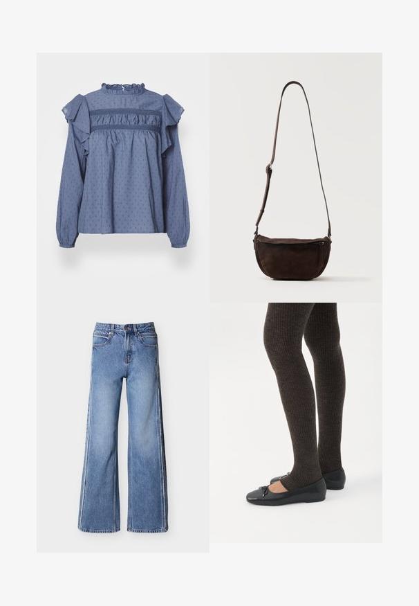 Blauwe katoenen blouse met een rimpelnek en schouders, voorzien van een gestructureerd stippenpatroon en geplooide details langs de schouderpas en mouwen.; Wijde blauwe spijkerbroek van denim, met een hoge taille, contrasterende stiksels en een subtiele vervaagde textuur.; Benen met donkere geribbelde leggings gecombineerd met zwarte ballerina's met kleine strikdetails op een witte achtergrond.; Donkerbruine suède crossbodytas met een verstelbare riem en een ritsvak aan de voorkant, staand tegen een effen lichte achtergrond.