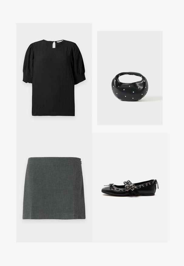 Schwarze, strukturierte Bluse mit rundem Ausschnitt, kurzen Puffärmeln und einem Schlüssellochverschluss auf der Rückseite. Verfügt über ein dezentes Karomuster im ganzen.; Schwarz-weiß karierter Rock aus einem Stoff mit glatter Textur. Verfügt über eine gerade Silhouette und einen seitlichen Reißverschluss.; Schwarzer flacher Ballettschuh mit doppelten Schnallenriemen, silbernen Ösen und einer kleinen Schleife nahe der abgerundeten Spitze auf weißem Hintergrund.; Schwarze Lederhandtasche mit abgerundeter Form, verziert mit silbernen Nietenakzenten und kurzem Griff. Glatte Struktur und Reißverschlussverschluss.