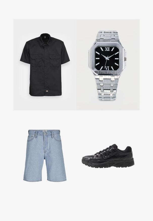 Chemise noire à manches courtes en tissu lisse ; présente deux poches poitrine avec rabat, fermeture à bouton et un col classique.; Short en denim bleu clair avec poches avant, passants pour ceinture, fermeture par bouton et une étiquette à la taille indiquant "JACK & JONES".; Chaussure de sport noire avec une tige en maille et synthétique, surface texturée, design à lacets et semelle en caoutchouc à motifs pour une traction.; Montre-bracelet en métal argenté avec un cadran carré noir, chiffres romains XII et VI, et trois aiguilles indiquant 10:10:35.
