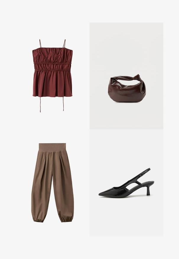 Haut bordeaux sans manches avec fines bretelles, bandes élastiques froncées au niveau de la poitrine et de la taille, et un ourlet évasé avec deux liens pendants.; Pantalon ample marron taille haute avec poignets élastiques froncés et plis avant, présenté sur un fond blanc.; Escarpins noirs à talon ouvert avec un embout pointu, fabriqués en matériau brillant, présentant des accents découpés et un talon modéré pour un bon soutien.; Sac bandoulière en cuir marron foncé avec une forme souple et décontractée et une anse nouée torsadée sur un fond blanc uni.