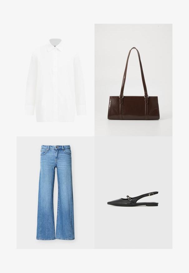 Hvid langærmet skjorte med knapper. Har en klassisk krave, glat bomuldsstof, lige snit og knaplukning foran.; Lyseblå denimjeans med høj talje, knap- og lynlåslukning, forlommer og vide ben.; Sorte læder slingback-sko med spids tå, med en smal rem og en sølvspænde-detalje på siden. Flad sål.; Brun lakeret håndtaske med rektangulær form, to lange håndtag og subtile buede detaljer på fronten.