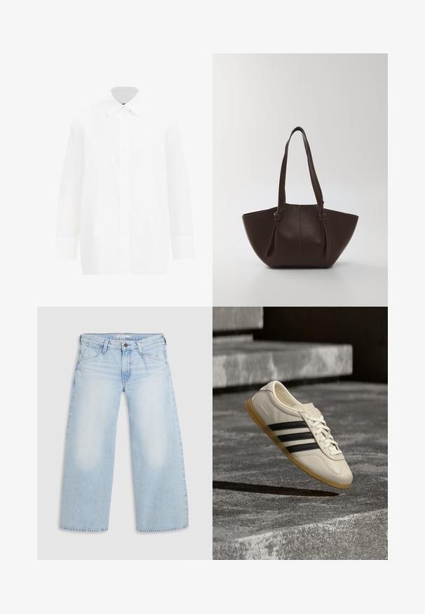 Witte lange mouwen button-up shirt. Kenmerkt zich door een klassieke kraag, soepel katoenmateriaal, rechte snit en knoopsluiting aan de voorkant.; Lichtblauwe wijde jeans gemaakt van denim. Kenmerken zijn een rechte snit, een vijfzakkenontwerp en een knoopsluiting aan de taille.; Witte sneaker met zwarte strepen en rubberen zool zwevend boven betonnen trap in zacht daglicht.; Bruine leren tote bag met een gestructureerde afwerking, brede opening en dubbele, afgeronde schouderhengsels; minimalistisch ontwerp zonder zichtbare hardware.