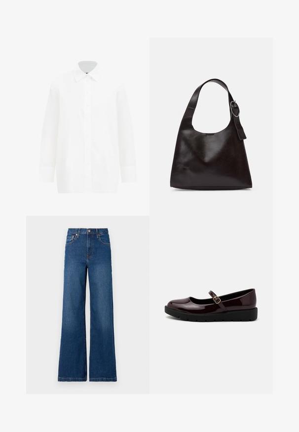 Hvid langærmet skjorte med knapper. Har en klassisk krave, glat bomuldsstof, lige snit og knaplukning foran.; GAP STRIDE SUTTON - Wide leg - dark wash; Glinsende burgunderfarvede Mary Jane-sko med en rund tå, justerbar spænde rem og en sort, tekstureret platformsål.; Brun læder skuldertaske med en glat tekstur, rund form, bred rem og cirkulært metalaccent på håndtaget.