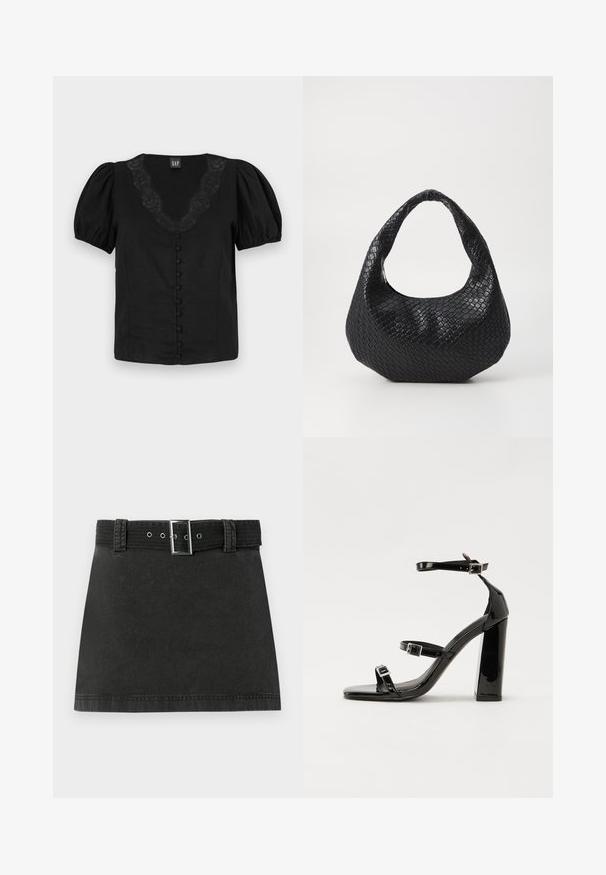 Blouse noire avec des manches bouffantes, décolleté en V avec un détail en dentelle et des boutons sur le devant doublés. Fabriquée en tissu léger, texture douce.; Jupe mini en denim noir avec une ceinture assortie présentant une boucle métallique et des passants de ceinture, affichée à plat sur un fond blanc.; Sandales à talons hauts en cuir verni noir avec deux brides à boucles, bout carré et talon bloc épais, présentant une texture lisse et brillante.; Sac à main tissé noir avec une poignée courbée, présentant une surface texturée et une forme décontractée. Fini lisse avec une silhouette organique.