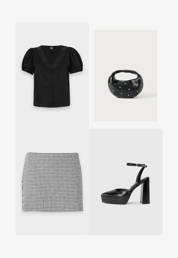 Blouse noire avec des manches bouffantes, décolleté en V avec un détail en dentelle et des boutons sur le devant doublés. Fabriquée en tissu léger, texture douce.; Mini-jupe à motif damier noir et blanc avec un ourlet droit sur un fond clair uni.; Escarpins noirs à plateforme avec un bout pointu et une sangle réglable à la cheville. Conçus en cuir lisse, avec un large talon bloc.; Sac à main en cuir noir de forme arrondie, décoré de clous argentés et équipé d'une poignée courte. Texture lisse et fermeture éclair.
