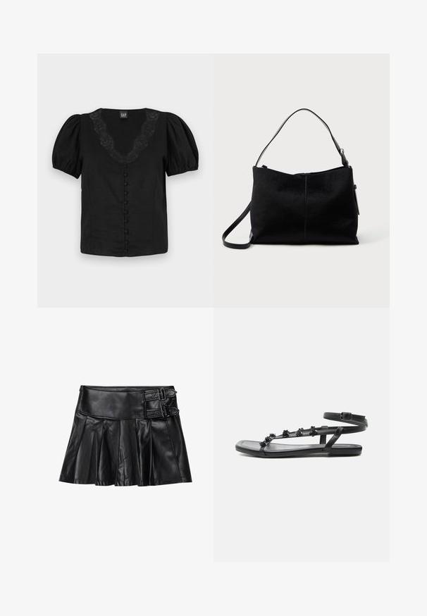 Blusa negra con mangas abullonadas, escote en V con detalle de encaje y botones frontales forrados. Fabricada en tejido ligero, de textura suave.; Falda de cuero negro con pliegues, cinturilla ancha y dos hebillas en el lateral. Textura suave con un acabado brillante.; Sandalia plana negra con correa en el tobillo y pequeñas decoraciones florales en las tiras delanteras delgadas, mostrada de lado sobre un fondo blanco.; Bolso negro de hombro con una superficie lisa y texturizada, con una única correa y un cierre de cremallera en la parte superior. Forma rectangular compacta.
