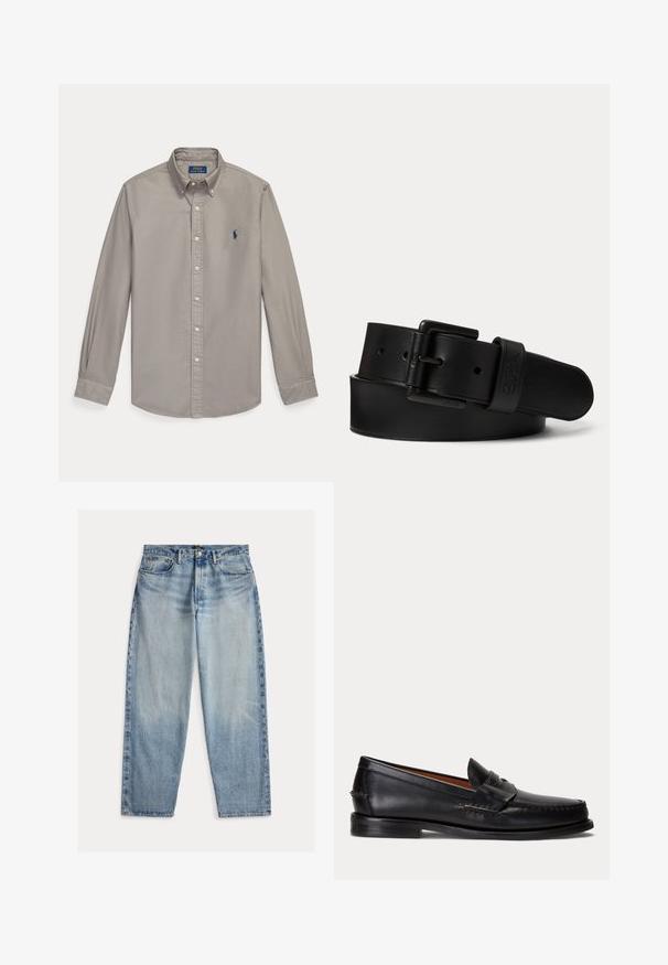Svetlosivá košeľa s dlhým rukávom na gombíky s golierom a modrým vyšívaným logom Polo Ralph Lauren na ľavej strane hrude.; Svetlomodré džínsy z denimu s voľnejším strihom. Majú vysoký pás, päť vreciek a viditeľné prešívanie. Povrch je mierne textúrovaný.; Čierny kožený mokasín s nízkym podpätkom a detailom s penny remienkom, zobrazený z boku na svetlosivom pozadí.; Čierny kožený opasok s čiernou obdĺžnikovou prackou a vyrazeným logom na slučke opaska, zvitý na jednoliatom svetlom pozadí.