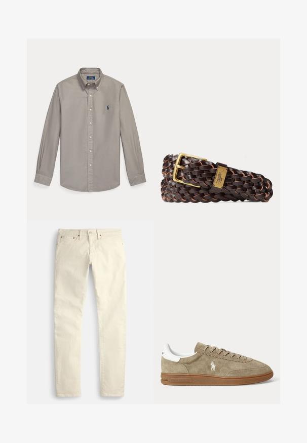 Lysegrå skjorte med lange ærmer, knapper, krave og blå Polo Ralph Lauren broderet logo på venstre bryst.; Lysebeige bukser med lige ben lavet af et struktureret stof. Har fem lommer og brune metaldele. Ingen synlige mønstre eller accenter.; Beige lavskoet ruskindesneaker med brun sål, hvid hældetalje, snørebånd og en hvid broderet polospillerlogo på siden.; Mørkebrunt flettet læderbælte med spænde i rektangulær guld og en guldsmedalje med polo-spilleremblem.