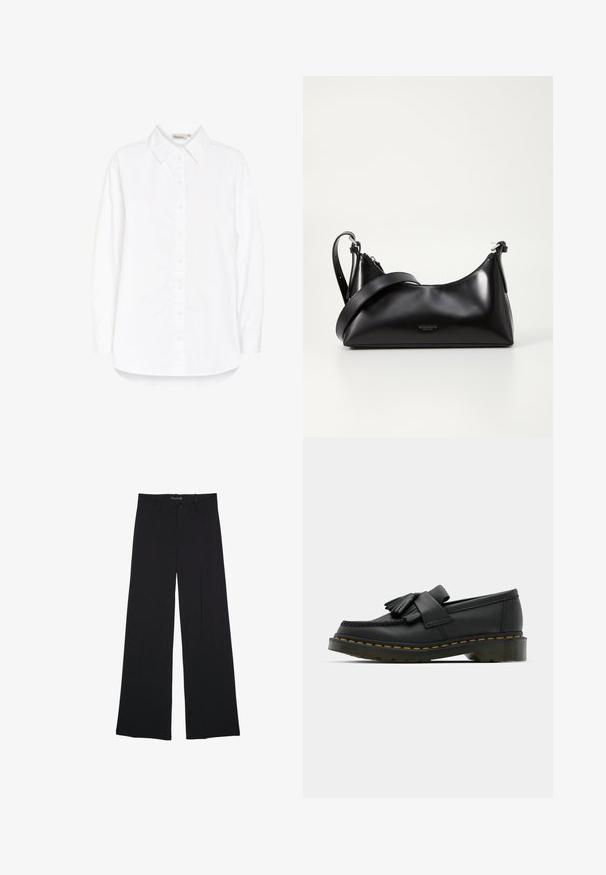 Chemise blanche à boutons avec un col pointu, des manches longues et un ourlet incurvé. Fabriquée dans un tissu lisse et léger. Brillance subtile.; Pantalon noir à jambes larges avec passants de ceinture, bouton frontal et fermeture éclair, étalé à plat sur un fond blanc.; Mocassins en cuir noir avec un bout rond, présentant un détail à franges et une bande décorative à l'avant, montés sur un talon épais.; Sac à main en cuir noir avec une texture lisse. Dispose d'une bandoulière adjustable et d'un design élégant et minimaliste avec une fermeture éclair.