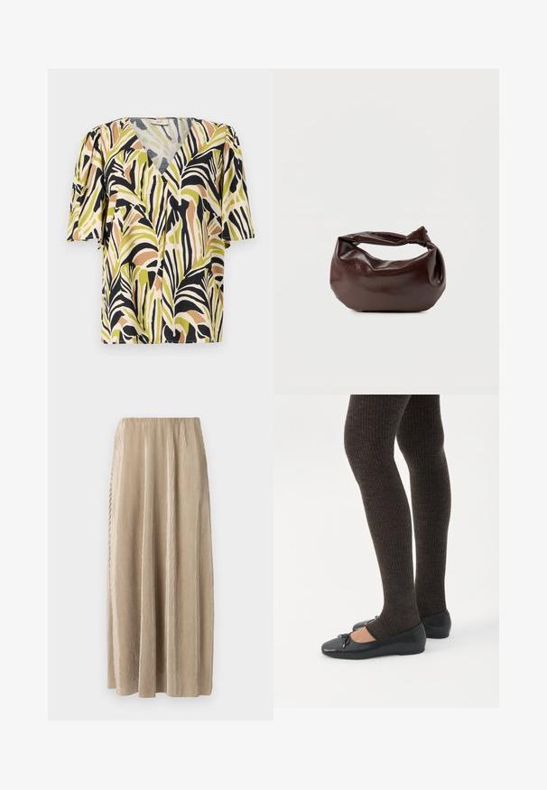 Blouse à manches courtes avec un décolleté en V profond, présentant un motif de feuilles de palmier multicolore dans des teintes de vert, noir et marron sur un fond clair.; Jupe midi plissée beige avec une taille élastique, dotée de rayures verticales et d'une silhouette fluide pour un confort de mouvement.; Jambes portant des leggings côtelés foncés associés à des ballerines noires avec de petits détails en nœud sur fond blanc.; Sac bandoulière en cuir marron foncé avec une forme souple et décontractée et une anse nouée torsadée sur un fond blanc uni.
