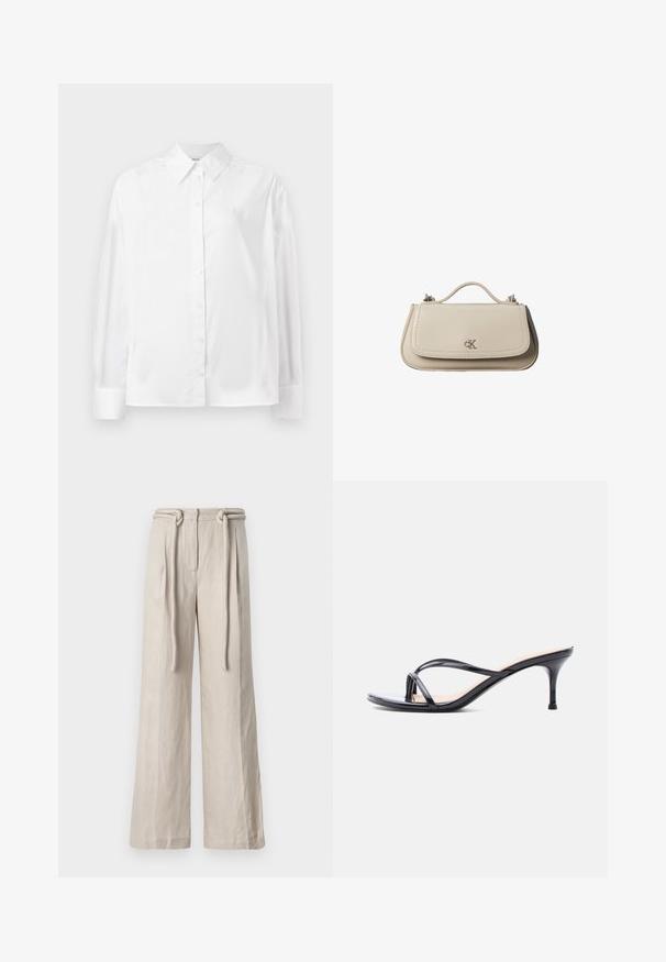 Camisa blanca de manga larga con botones, hecha de una suave mezcla de algodón. Cuenta con un cuello clásico, cierre frontal con botones y puños redondeados.; Pantalones de pierna ancha en lino beige claro con una cintura alta, pliegues frontales y un detalle de cinturón atado. Textura suave y ajuste relajado.; Sandalia de tacón de charol negro con tiras finas cruzadas y un tacón de aguja delgado de altura media, sobre un fondo blanco.; Pequeño bolso de mano de cuero beige con asa superior y logo plateado de CK en la solapa frontal, mostrado sobre un fondo blanco.