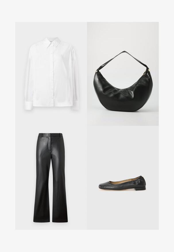Chemise blanche à manches longues, en mélange de coton lisse. Présente un col classique, une fermeture à boutons sur le devant et des poignets arrondis.; Pantalons en cuir noir avec une texture lisse, design à jambes larges et une taille mi-haute dotée de passants de ceinture et de poches avant.; Ballerines en cuir noir avec un bout arrondi et des coutures minimales. Talon bas et rectangulaire avec une texture lisse. Détails subtils de doublure intérieure.; Sac à épaule en cuir noir, de forme courbée, avec une texture douce et une seule sangle; il comporte une fermeture éclair dorée et un logo discret.