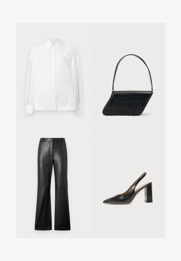 Camisa blanca de manga larga con botones, hecha de una suave mezcla de algodón. Cuenta con un cuello clásico, cierre frontal con botones y puños redondeados.; Pantalones de cuero negro con una textura suave, diseño de pierna ancha y una cinturilla de altura media que presenta trabillas para cinturón y bolsillos frontales.; Zapato slingback de piel negra con puntera puntiaguda, tacón alto y ancho, y forro interior beige sobre un fondo claro y liso.; Bolso de hombro de cuero negro con forma triangular, logo en relieve y una sola correa ajustable. Diseño minimalista con textura suave.