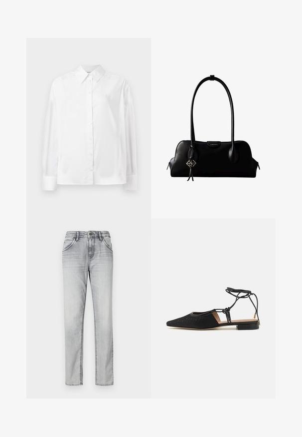 Hvid langærmet skjorte med knapper i en blød bomuldsblanding. Har en klassisk krave, frontlukning med knapper og rundede manchetter.; Grå denim jeans med en klassisk pasform, der har knaplukning, fem lommer og subtil falming for tekstur. Lige ben design.; Sort fladsko med spids tå, tekstureret overdel, ankelbånd og lav blok-hæl. Har et subtilt mønster på materialet.; Sort lædertaske fra Calvin Klein med lange håndtag, en forside-logo-tag og en sølv geometrisk vedhæng, der hænger fra det ene håndtag.