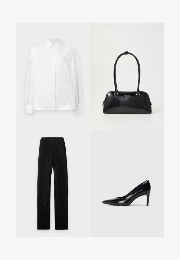 Chemise blanche à manches longues, en mélange de coton lisse. Présente un col classique, une fermeture à boutons sur le devant et des poignets arrondis.; Pantalon noir taille haute à jambes larges avec des plis verticaux subtils, présenté à plat sur un fond gris clair.; Chaussure à talon haut en cuir noir avec un bout pointu, texture lisse et un talon effilé. Design minimaliste, sans embellissements supplémentaires.; Sac à main noir brillant avec une silhouette incurvée, deux poignées et une plaque logo à l'avant. Fermeture éclair et accents en matériel brillant.
