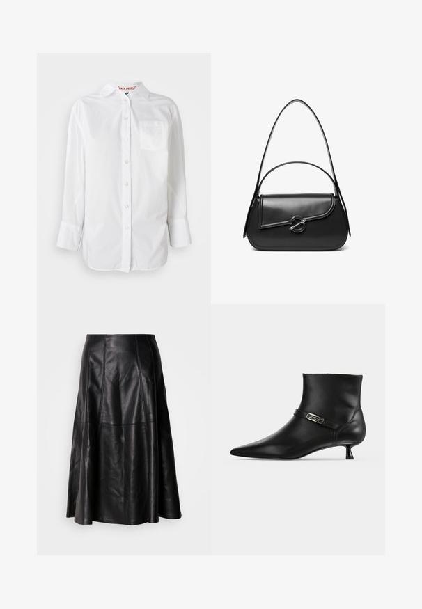 Chemise blanche à manches longues avec col et poche poitrine, présentée sur un fond uni.; Jupe en cuir noir avec une silhouette évasée, présentant des coutures visibles et une texture lisse. Conception mi-longue avec une coupe classique.; Bottine noire en cuir avec bout pointu, petit talon kitten et une fine bride avec un petit détail logo métallique.; Sac à bandoulière en cuir noir avec un rabat incurvé fermé par un fermoir métallique rond et une sangle fine et ajustable.