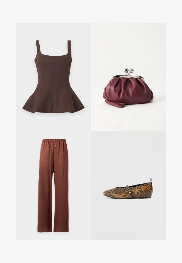 Haut péplum marron sans manches avec encolure carrée et corsage ajusté, présentant des détails de coutures verticales et un ourlet évasé.; Pantalon marron à jambes larges avec un motif texturé subtil, taille élastique et deux boutons sur le devant de la braguette.; Ballerine en simili motif peau de serpent avec des nuances de brun et de noir. Dotée d'une bride noire et d’un détail en métal doré. Texture lisse.; Petit sac pochette en cuir bordeaux avec fermoir métallique argenté et bracelet sur fond blanc.