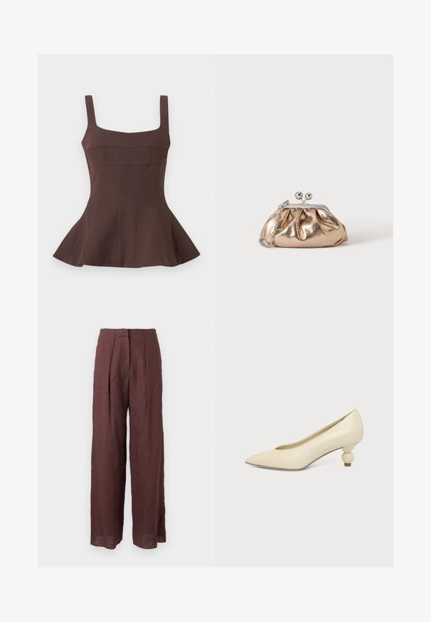 Haut péplum marron sans manches avec encolure carrée et corsage ajusté, présentant des détails de coutures verticales et un ourlet évasé.; Pantalon large taille haute marron foncé avec plis sur le devant et taille structurée, fabriqué en tissu léger.; Chaussure femme couleur crème à bout pointu avec un petit talon rond en forme de boule, sur fond uni.; Petit sac pochette métallique dorée avec fermoir argenté et chaîne sur un fond clair uni.