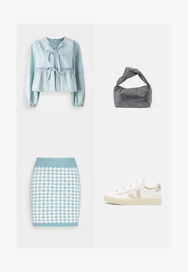 Heledad sinine teksane pluus V-kaelusega, nööri kinnitusega ees, kogutud vöökoht ja elastsed varrukad. Omab veidi lühendatud disaini.; VILA VICHEKINA SHORT SKIRT - Miniseelik - arctic/cloud dancer; Valged tenniset, millel on takjapaelad, beežid sametist aktsendid, tekstureeritud kummist tald ja hall V-logo. Minimalistlik disain, ümar kuju.; Must musta ja hõbedane käekott, millel on tekstureeritud pind, millel on teemanti muster, sõlmega käepide ja struktureeritud kuju.