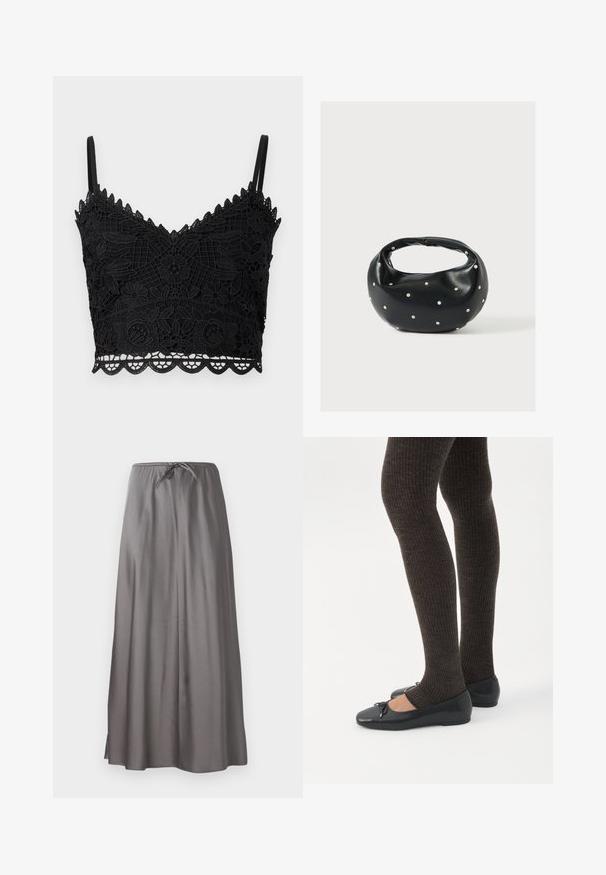 Μαύρο δαντελένιο bralette με ανθισμένο σχέδιο, κο scalloped άκρα, ρυθμιζόμενες τιράντες και υφή υφάσματος. Ελαφρύ και εφαρμοστό σχέδιο.; Γκρίζα μακριά φούστα κατασκευασμένη από μαλακό, ελαφρύ ύφασμα. Διαθέτει ελαστική ζώνη με κορδόνι και πλαϊνές σχισμές για ευκολία κίνησης.; Πόδια με σκουρόχρωμα ριμπ κολάν συνδυασμένα με μαύρα μπαλαρίνα παπούτσια με μικρές λεπτομέρειες φιόγκων σε λευκό φόντο.; Μαύρη δερμάτινη τσάντα χειρός με στρογγυλεμένο σχήμα, διακοσμημένη με ασημένιες λεπτομέρειες με καρφιά και κοντή λαβή. Λείο υλικό και κλείσιμο με φερμουάρ.