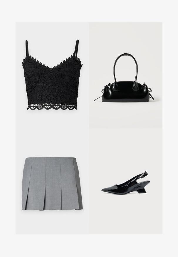 Μαύρο δαντελένιο bralette με ανθισμένο σχέδιο, κο scalloped άκρα, ρυθμιζόμενες τιράντες και υφή υφάσματος. Ελαφρύ και εφαρμοστό σχέδιο.; Γκρίζα πλισέ φούστα με λείο υφή, δομημένο σχέδιο και εφαρμοστό μέση. Φτιαγμένη από ελαφρύ ύφασμα με διακριτό σχέδιο.; Μαύρο παπούτσι slingback από πατενταρισμένο δέρμα με μυτερή μύτη και χαμηλό κεκλιμένο τακούνι τύπου block σε απλό φωτεινό φόντο.; Μικρή μαύρη γυαλιστερή τσάντα με δύο μακριές λαβές και λεπτομέρειες με ρυθμιζόμενο κορδόνι στο πλάι σε απλό ανοιχτό φόντο.