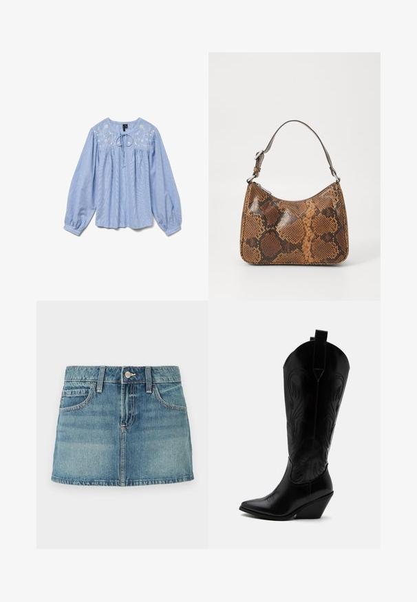 Lyseblå bluse med broderede blomsterdetaljer, lange ballonærmer, rund halsudskæring og en snor ved halsen, tekstureret stof.; Denim miniskirt med en lys blå vask, fem-lomme design og knaplukning. Har en talje med bæltestropper og syede detaljer.; Sort læder cowboystøvle med spidst tåparti, skråt blokhælhæl, dekorative sømme og trækstropper øverst mod hvid baggrund.; Lille håndtaske med brun og sort slangeskinn mønster, kort justerbar rem og lynlåslukning.