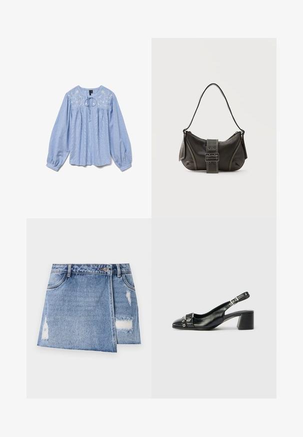 Lyseblå bluse med broderede blomsterdetaljer, lange ballonærmer, rund halsudskæring og en snor ved halsen, tekstureret stof.; Lysblå denim miniskørt med slidte områder og distressed detaljer. Har en frontknaplukning og traditionelt fem-lommer design.; Sorte læder slingback hæl med spids tå, tekstureret rem med cirkulære metalliske accenter, og en stablet blokhæl.; Sort læder skuldertaske med spænde på remmen, afrundede kanter og kontrasterende hvide syninger på en ensfarvet baggrund.