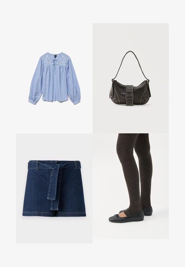 Lichtblauwe blouse met geborduurde bloemen, lange ballonmouwen, ronde halslijn en een strikje aan de hals, van een gestructureerde stof.; Donkerblauwe denim shorts met een brede tailleband en een stoffen riem. Soepele textuur met zichtbare stikdetails aan de zoom.; Benen met donkere geribbelde leggings gecombineerd met zwarte ballerina's met kleine strikdetails op een witte achtergrond.; Zwarte leren schoudertas met gespsluiting aan de riem, afgeronde hoeken en contrasterende witte stiksels op een effen achtergrond.